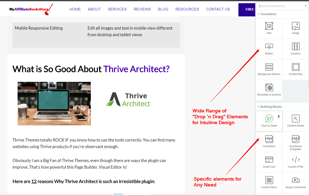thrive architect drop 'n drag editor