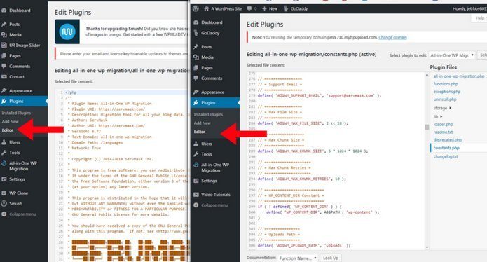 how to migrate a WordPress Site free: Plugin > Editor, Both Sides
